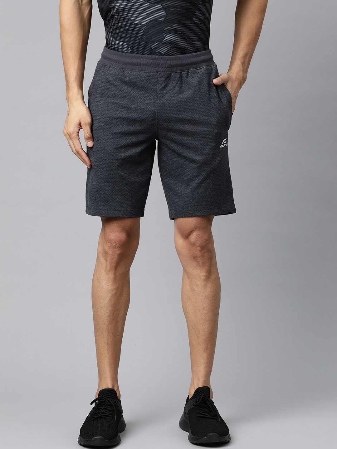 

Alcis Men Charcoal Grey Printed Slim Fit Mid-Rise Sports Shorts