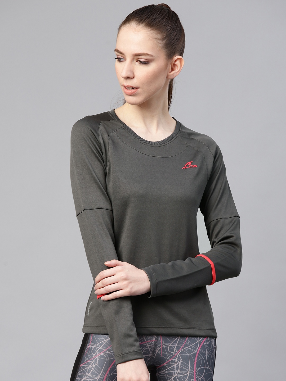 

Alcis Women Charcoal Grey Solid Round Neck Tennis T-shirt