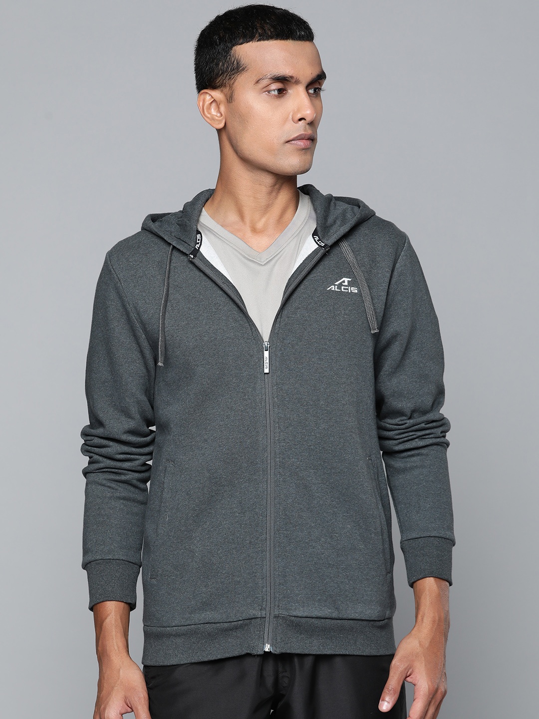 

Alcis Men Grey Solid Cotton Hooded Sweatshirt