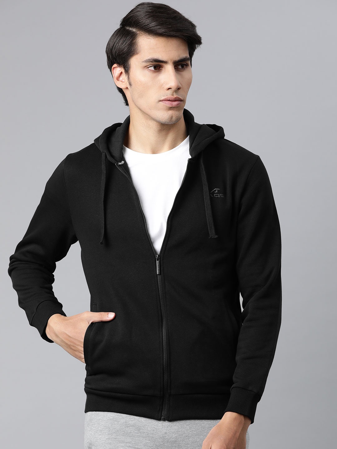 

Alcis Men Black Solid Hooded Front-Open Sweatshirt