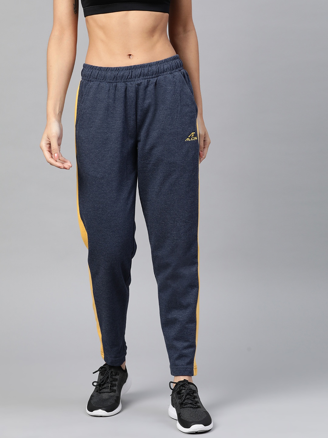 

Alcis Women Navy Blue & Mustard Yellow Solid Slim Fit Solid Track Pants