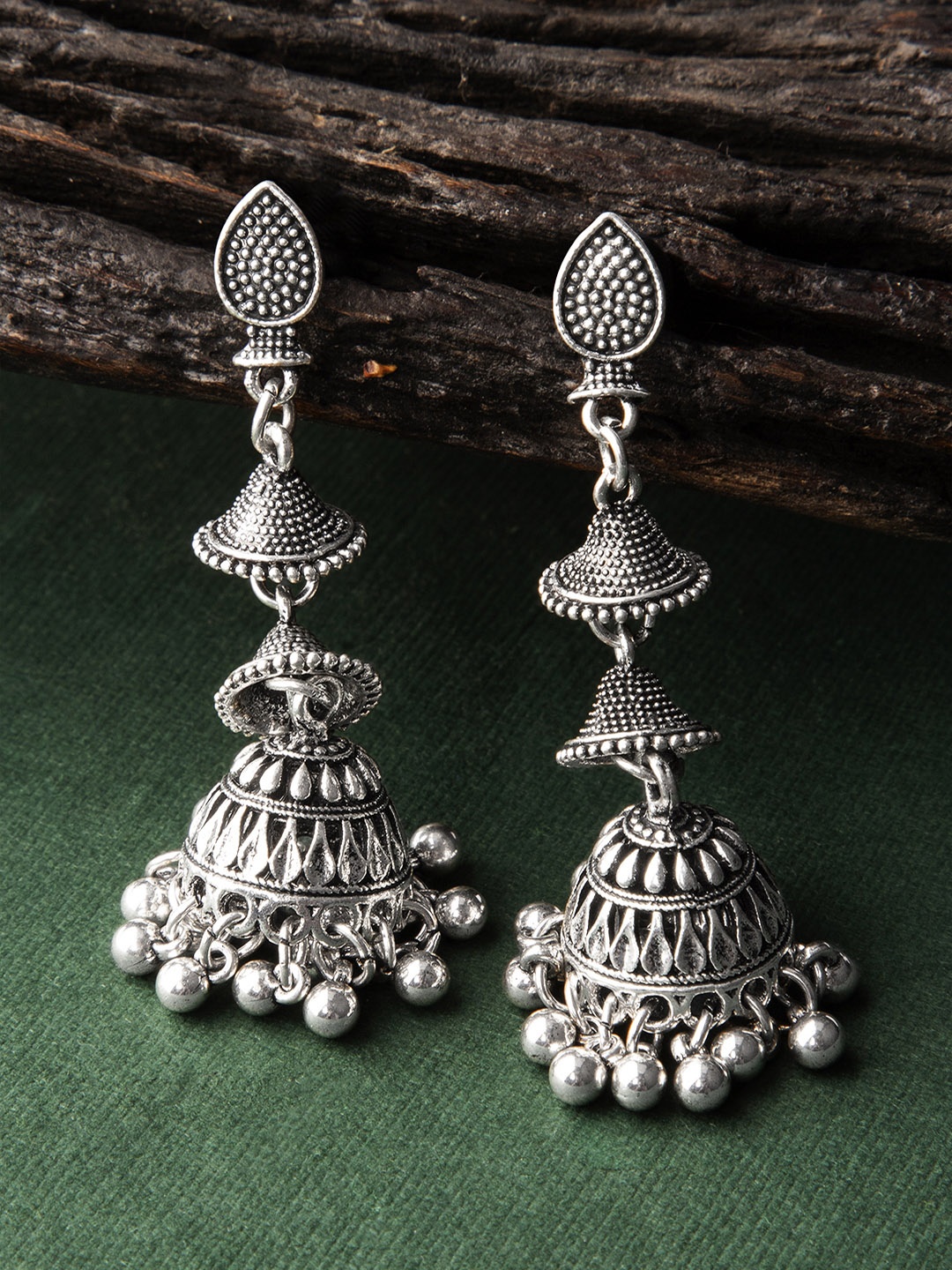 

Rubans Silver-Toned Dome Shaped Jhumkas