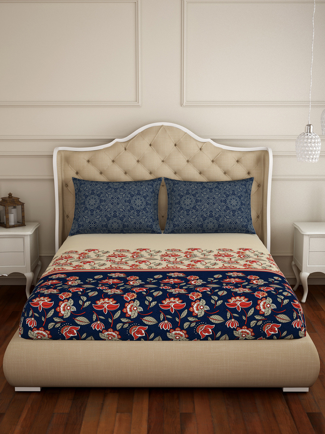 

SPACES Blue & Beige Floral 210 TC Cotton 1 Queen Bedsheet with 2 Pillow Covers