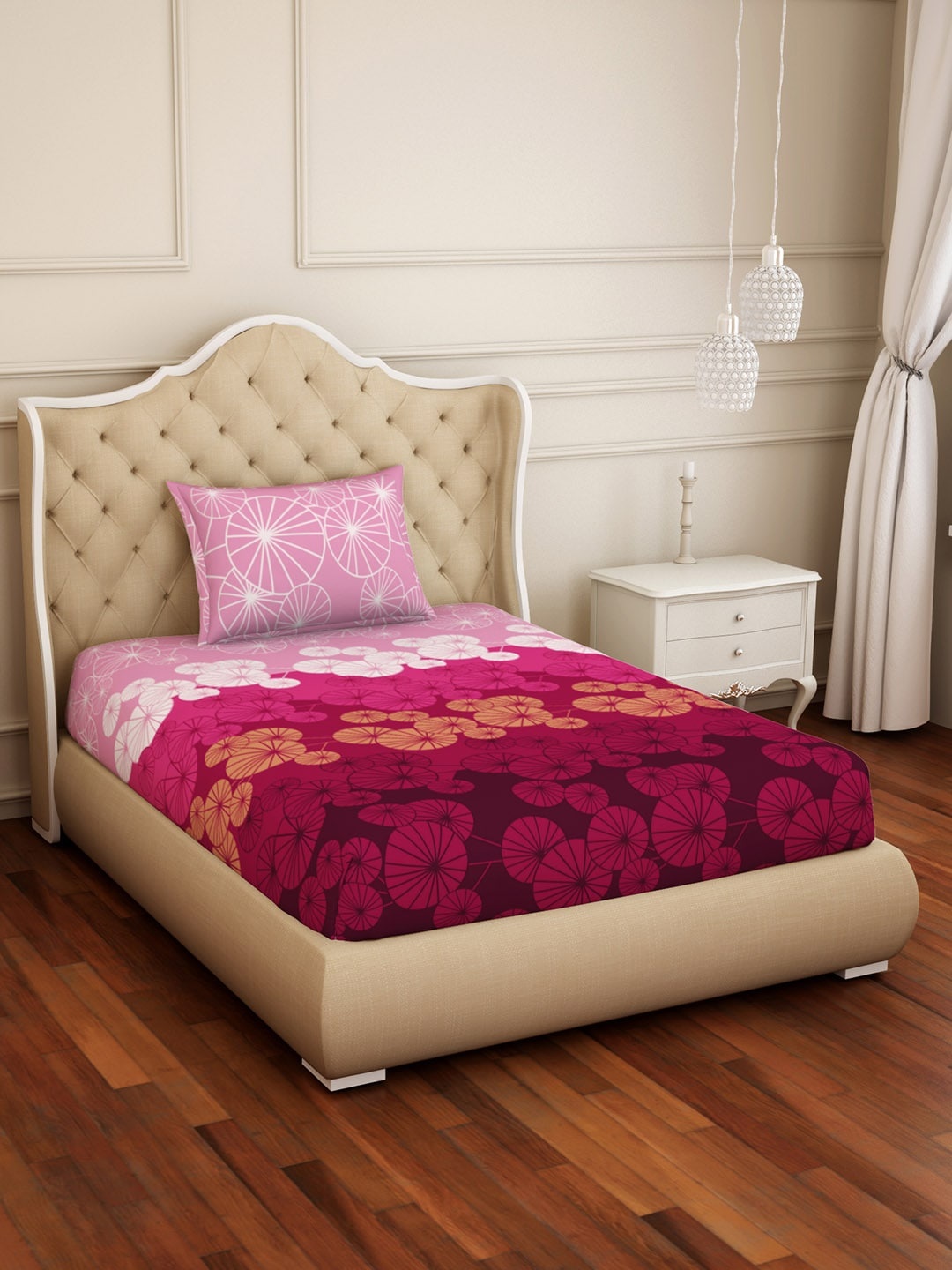 SPACES Pink Geometric 144 TC Cotton 1 Single Bedsheet with 1 Pillow Covers