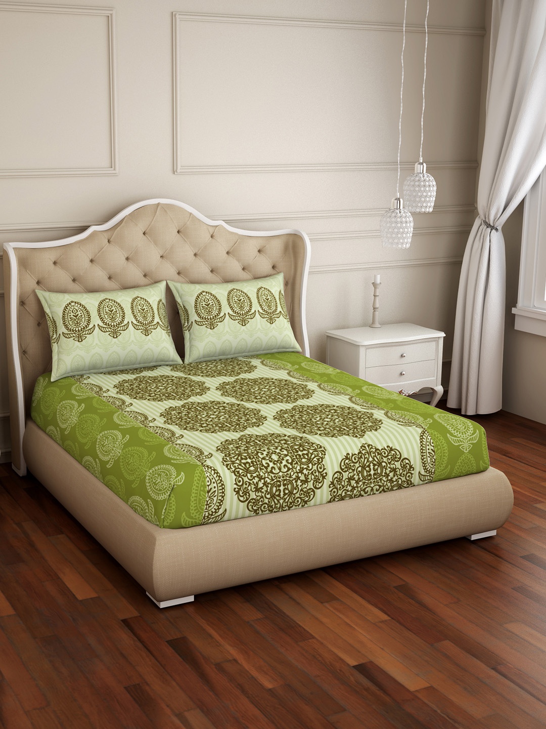 

SPACES Green Ethnic Motifs 144 TC Cotton 1 Queen Bedsheet with 2 Pillow Covers