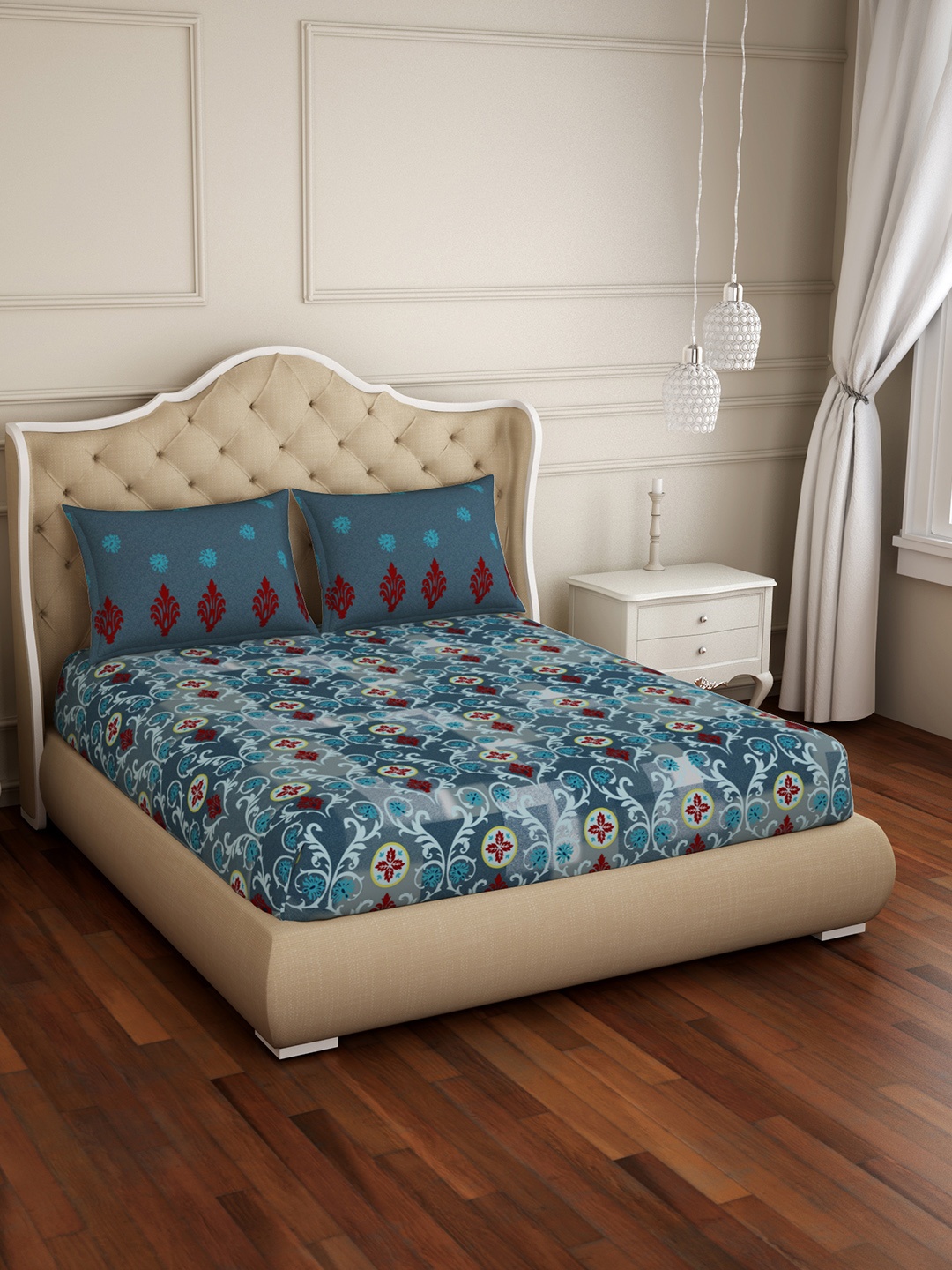 

SPACES Blue Ethnic Motifs 144 TC Cotton 1 Queen Bedsheet with 2 Pillow Covers