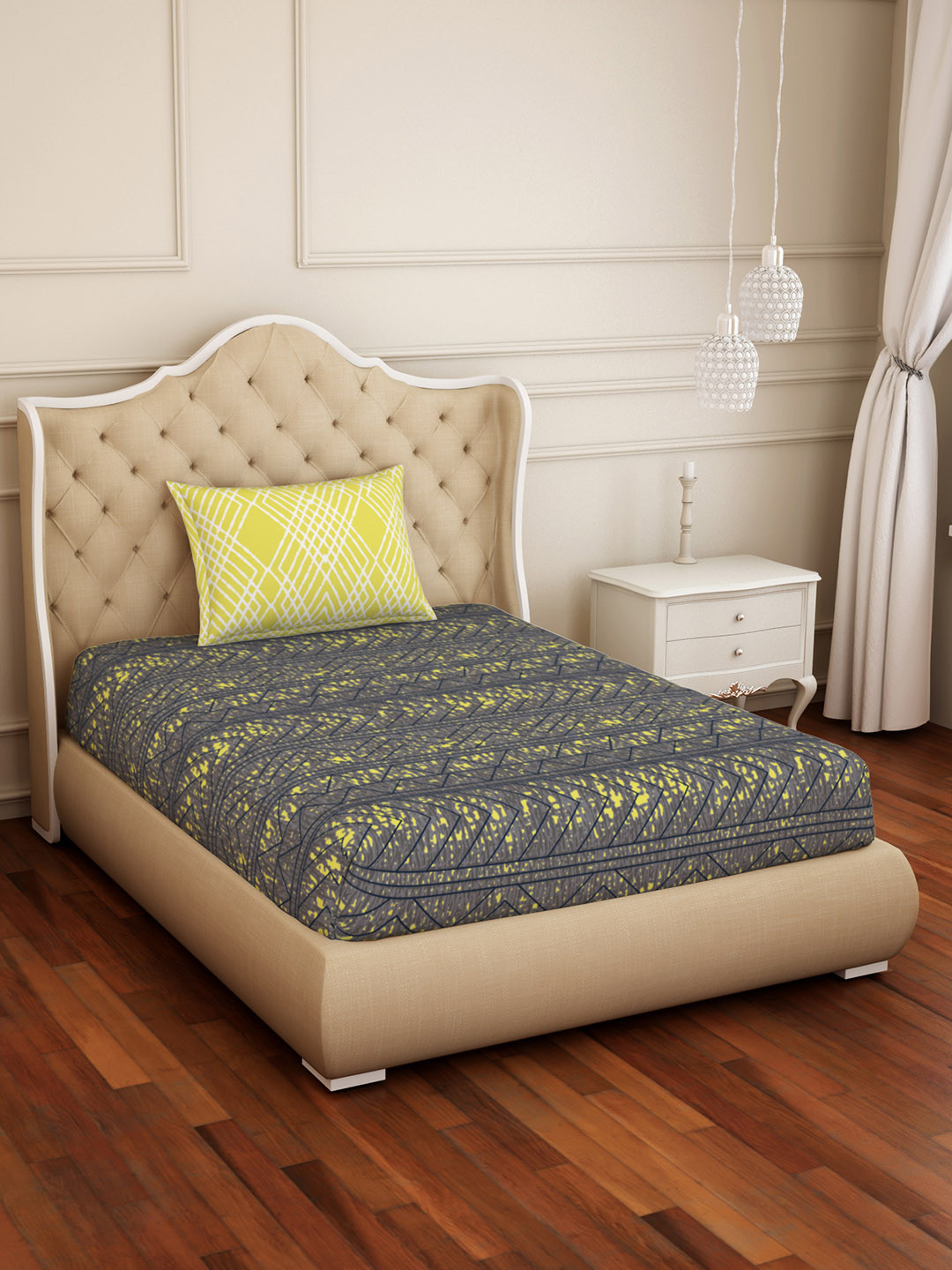 

SPACES Yellow & Grey Abstract 144 TC Cotton 1 Single Bedsheet with 1 Pillow Covers