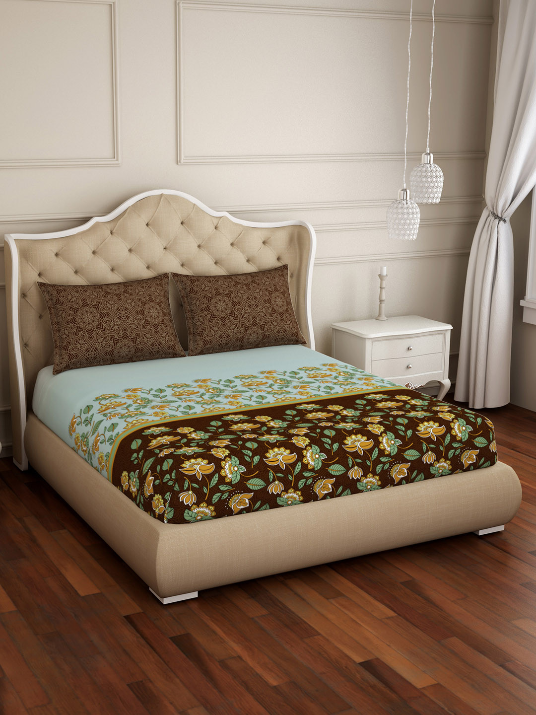 

SPACES Sea Green & Brown Floral 210 TC Cotton 1 Queen Bedsheet with 2 Pillow Covers