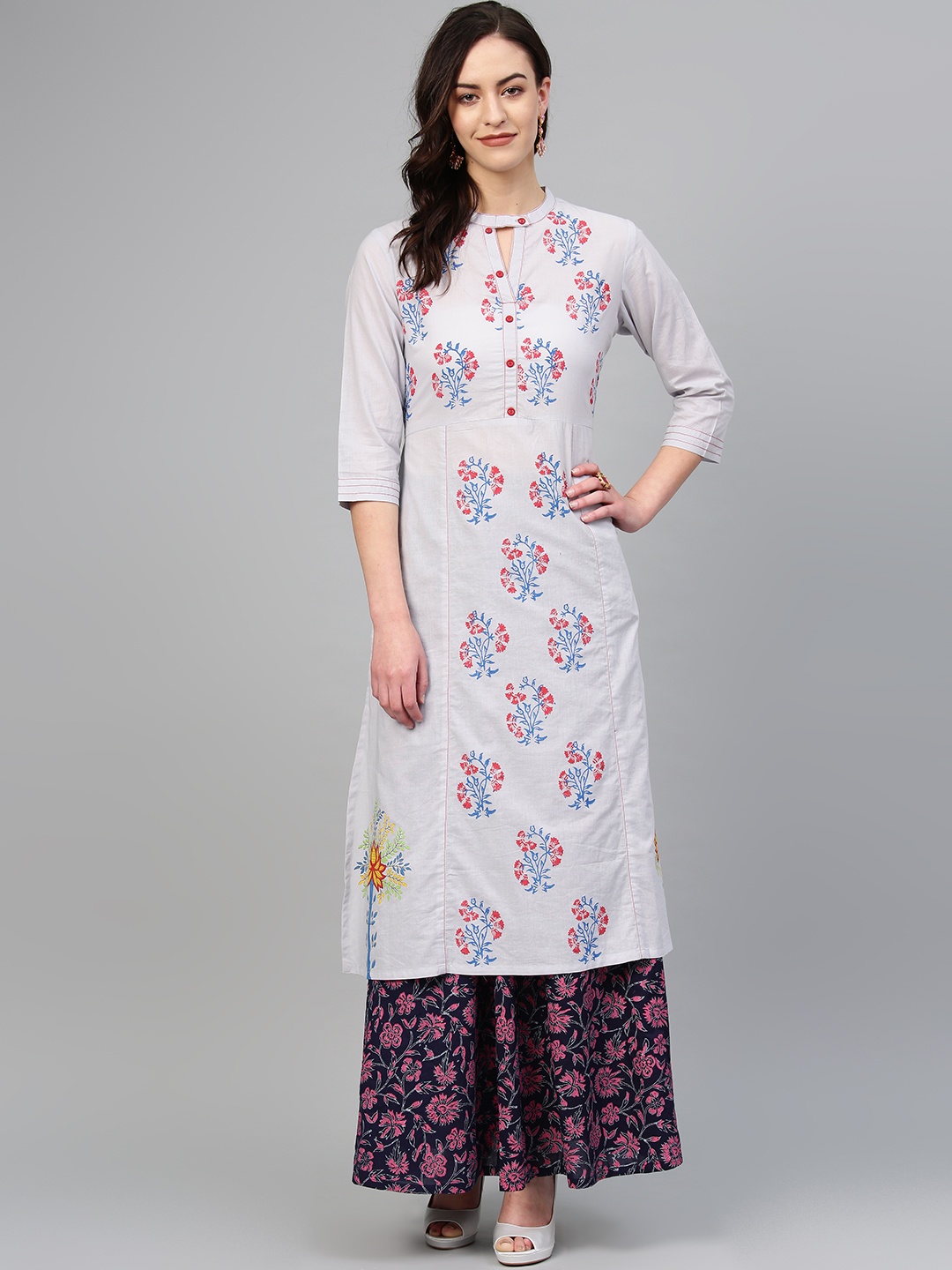 

Tulsattva Women Grey & Red Printed Kurta with Skirt