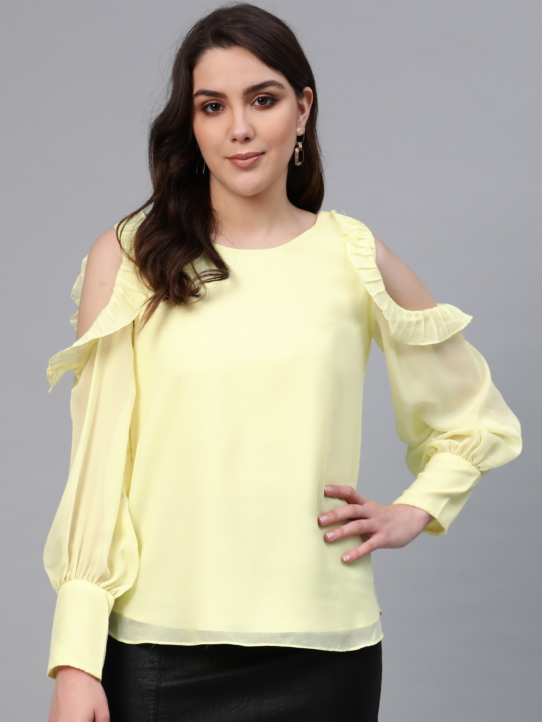 

COVER STORY Women Yellow Self Design Cold Shoulder Top