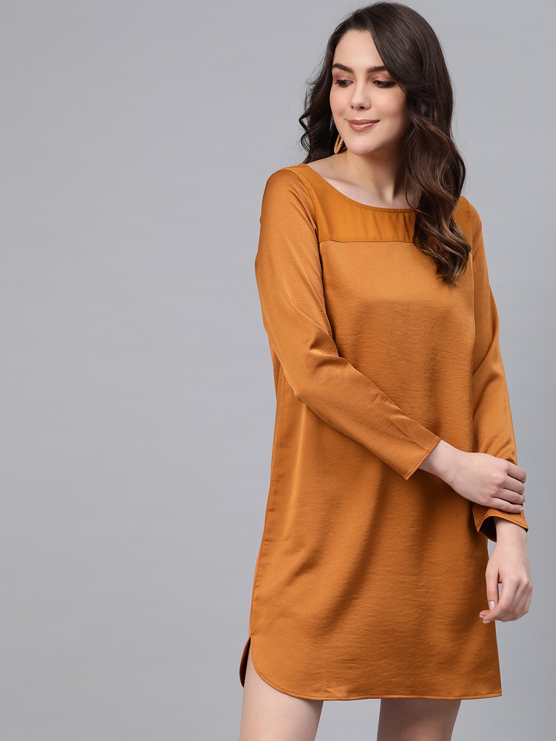

COVER STORY Women Mustard Brown Solid Shift Dress