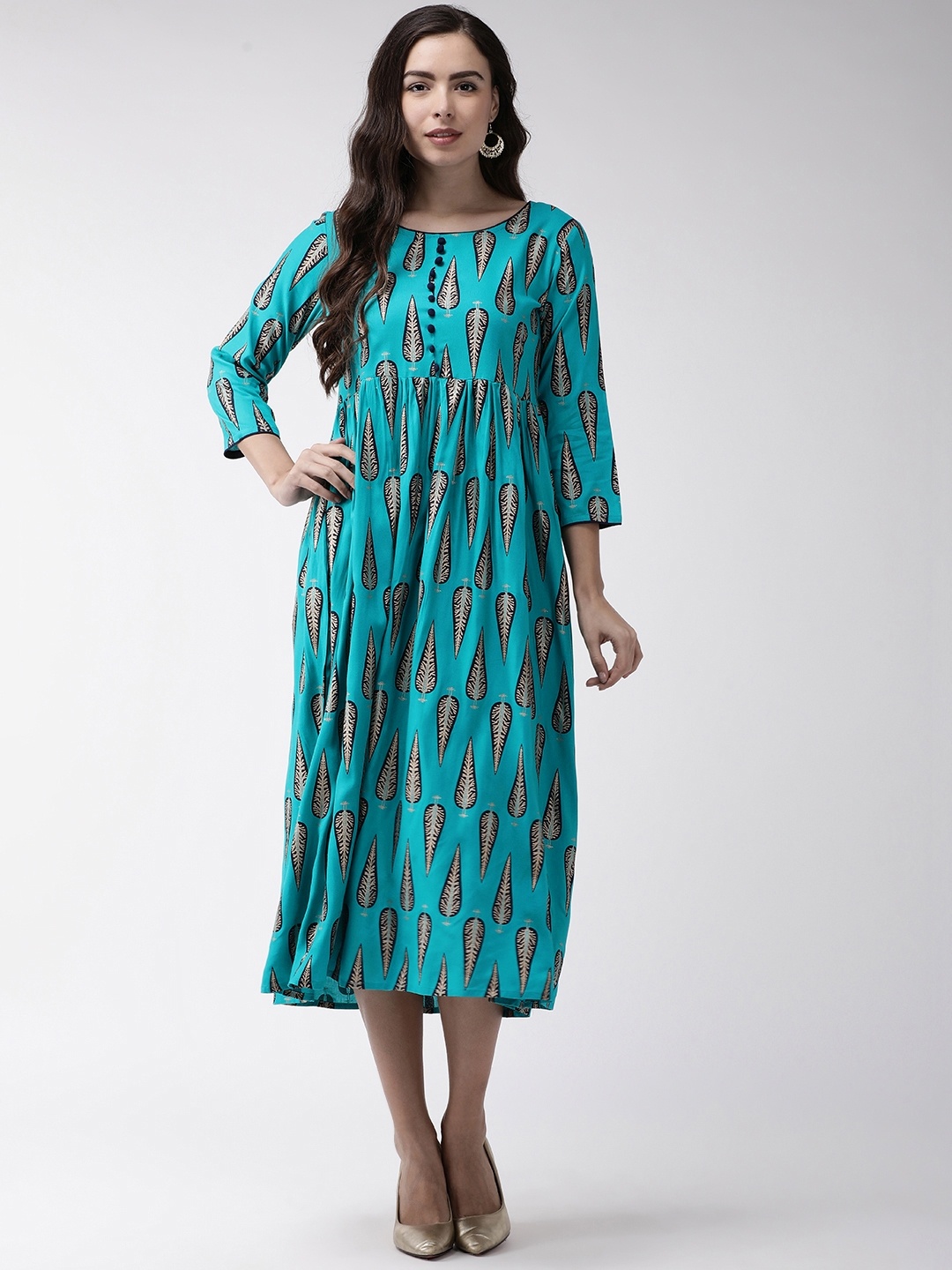 

RANGMAYEE Women Blue & Golden Leaf Printed A-Line Dress