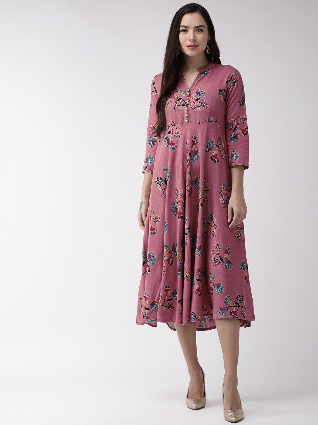 

RANGMAYEE Women Pink & Green Printed A-Line Dress
