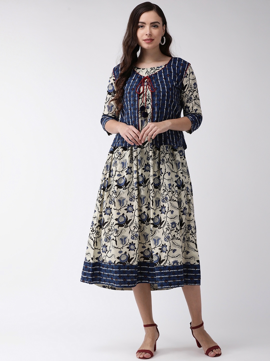 

RANGMAYEE Women Beige & Navy Blue Floral Printed A-Line Dress