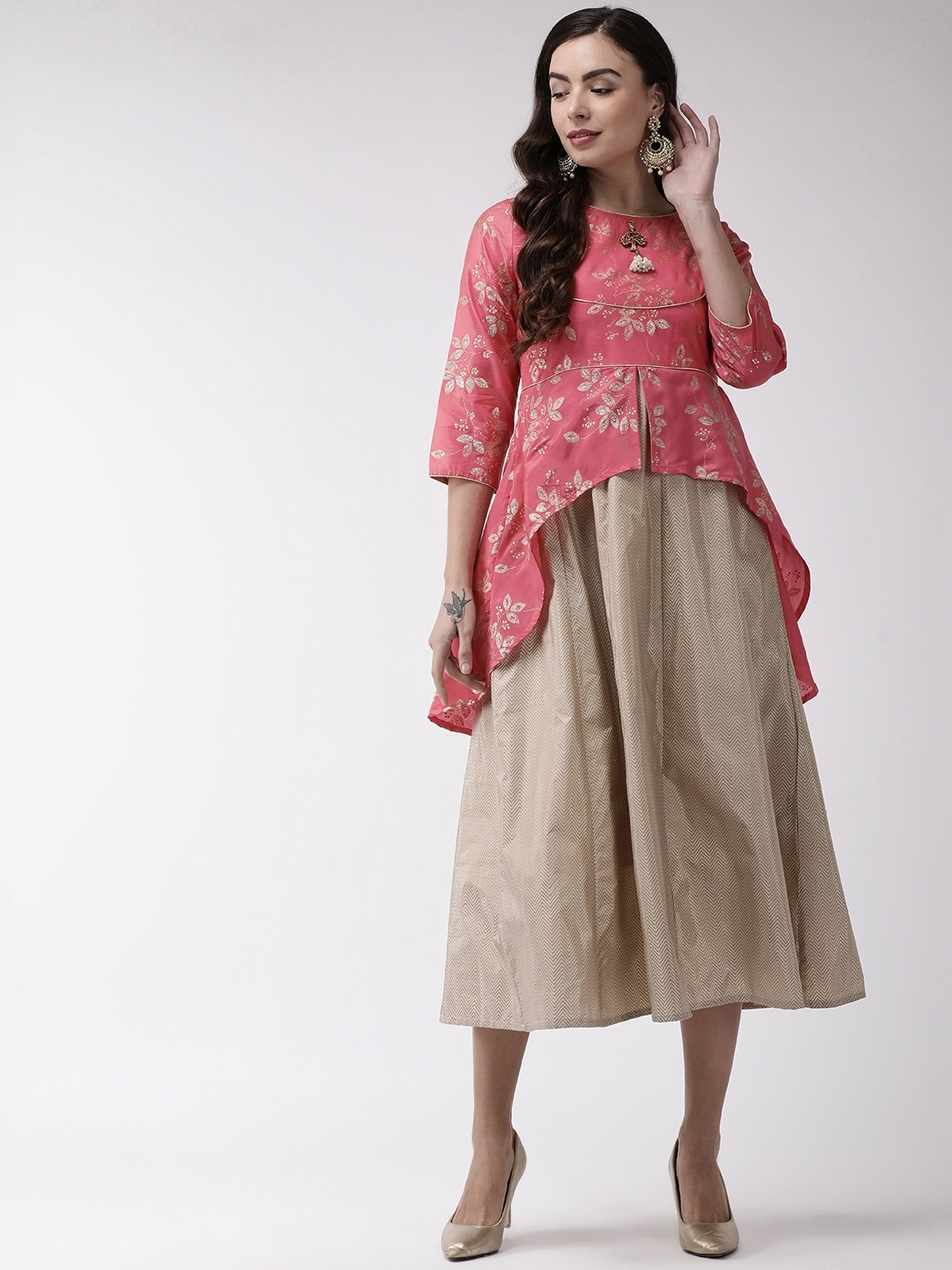 

RANGMAYEE Women Pink & Grey Printed A-Line Dress