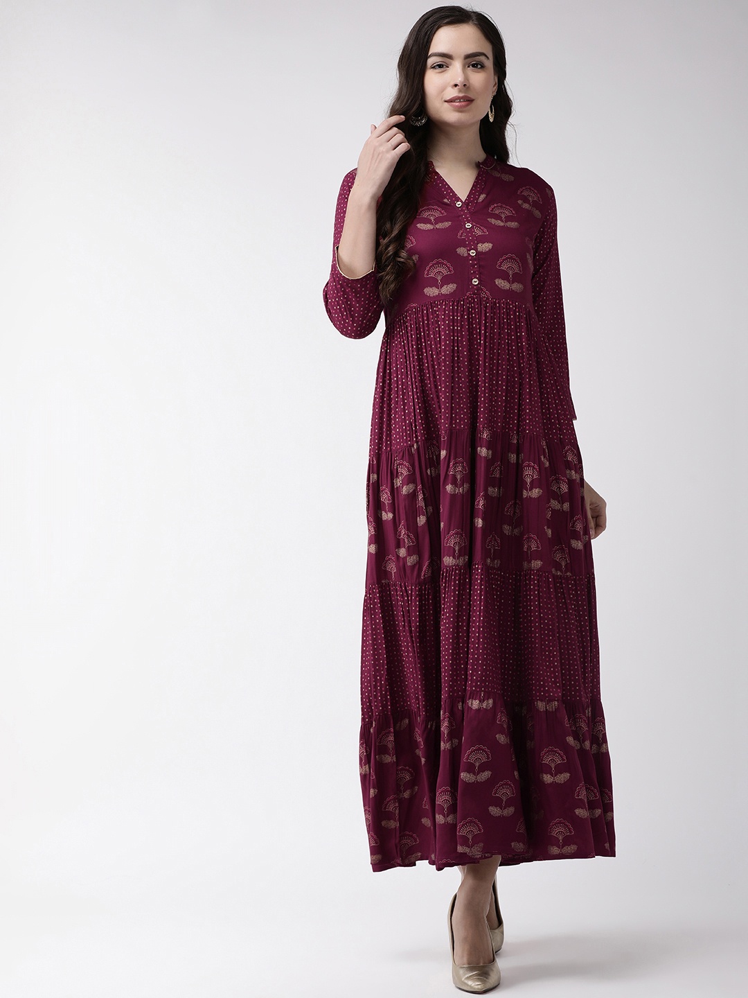 

RANGMAYEE Women Burgundy & Golden Printed Maxi Dress