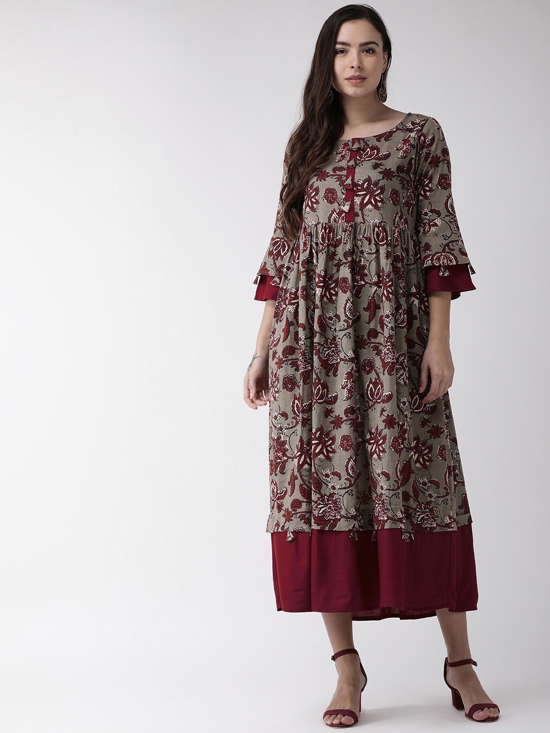 

RANGMAYEE Women Taupe & Maroon Printed Maxi Dress