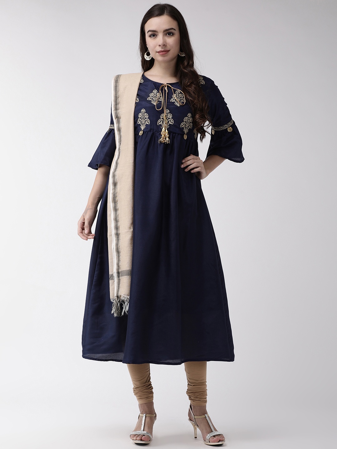 

RANGMAYEE Women Navy Blue & Beige Yoke Design Kurta with Churidar & Dupatta