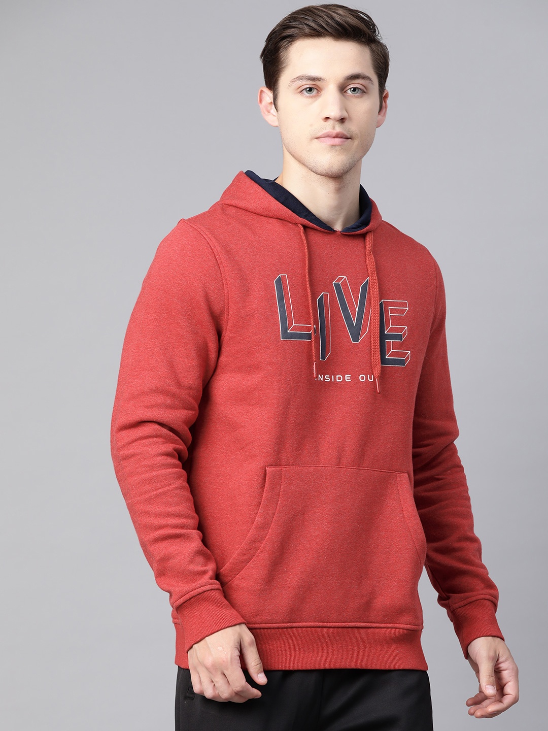 

Alcis Men Red Solid Hooded Sweatshirt with Typography Printed Detail