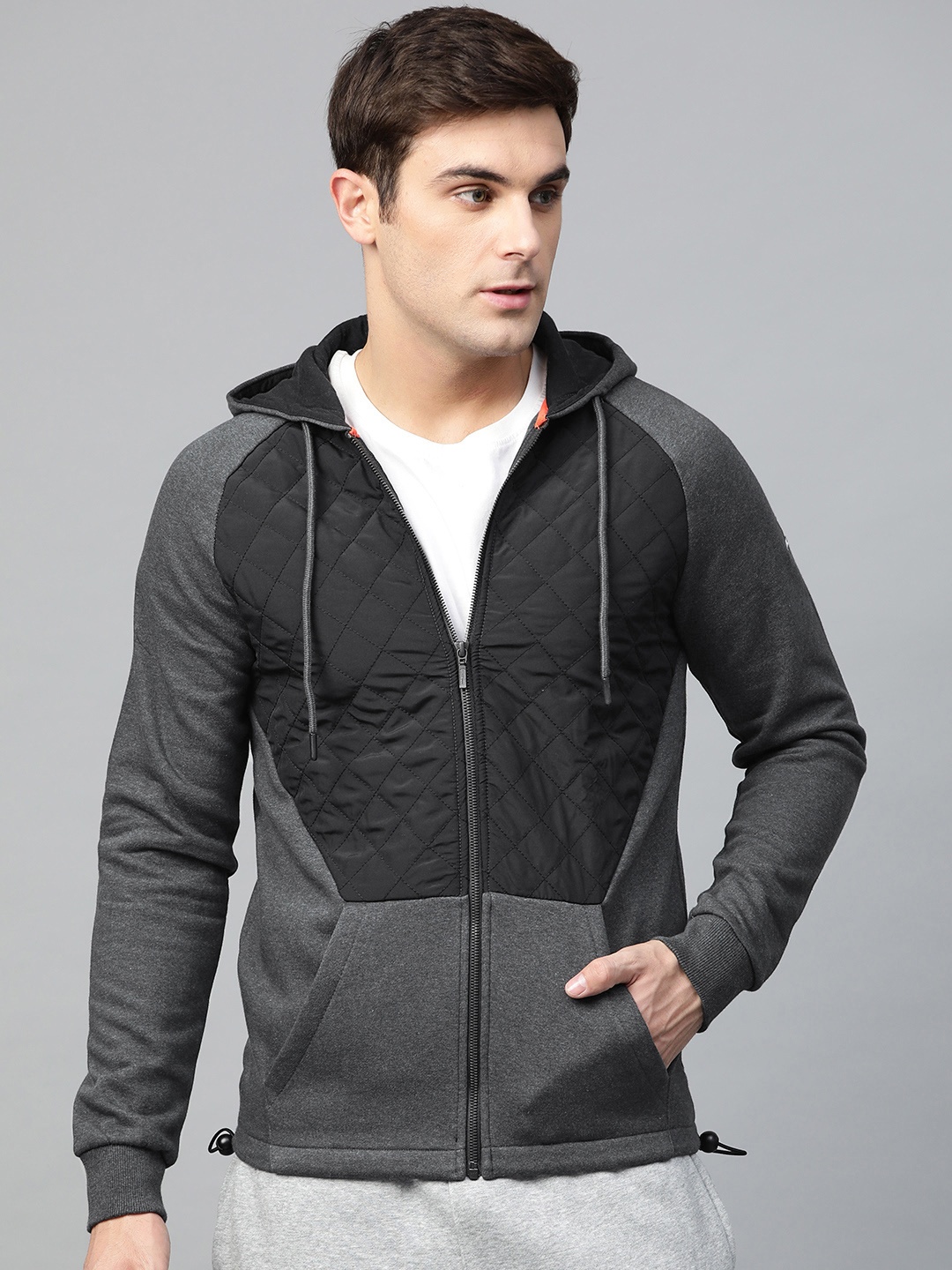 

Alcis Men Charcoal Grey & Black Colourblocked Hooded Sweatshirt