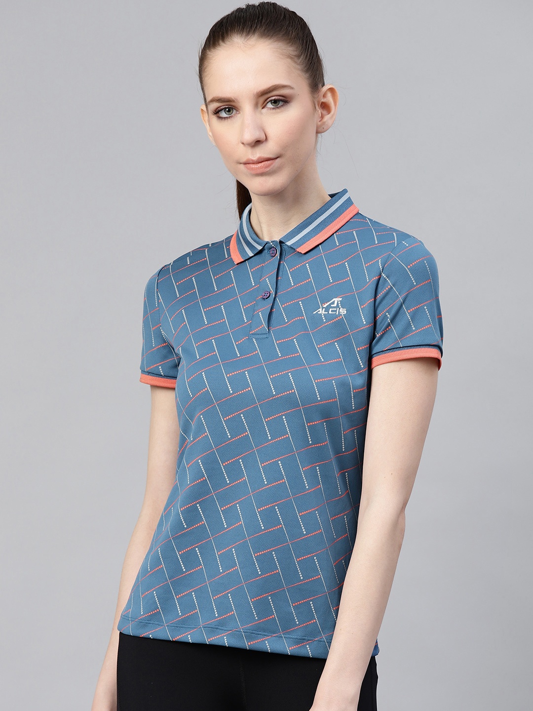 

Alcis Women Teal Blue & Grey Printed Polo Collar Tennis T-shirt