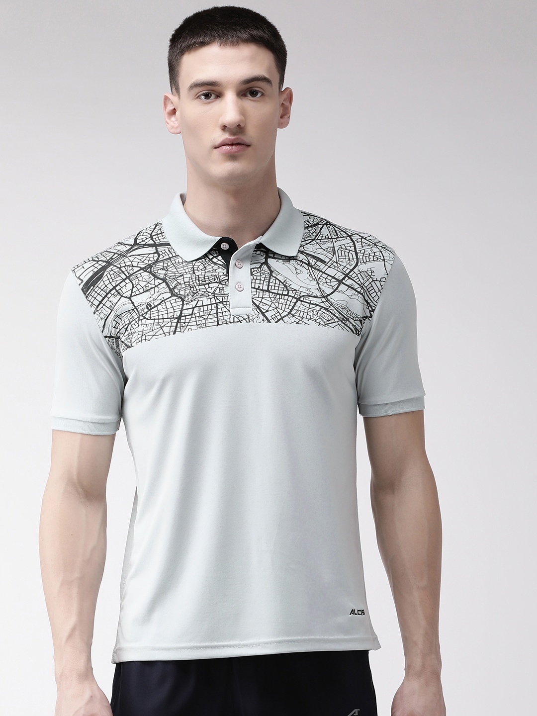 

Alcis Men Grey & Black Printed Polo Collar T-shirt