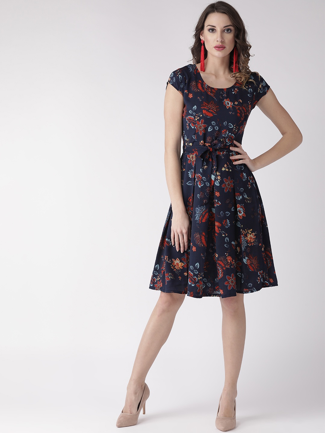 

WISSTLER Women Navy Blue & Red Printed Fit & Flare Dress