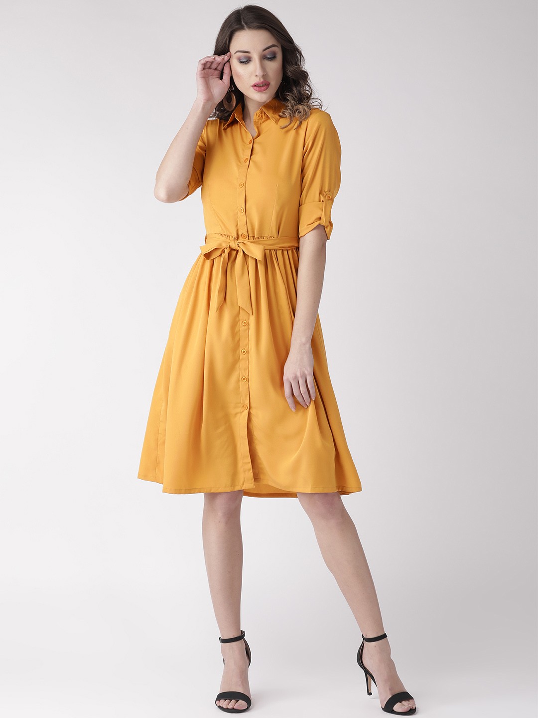 

WISSTLER Women Mustard Yellow Solid Shirt Dress