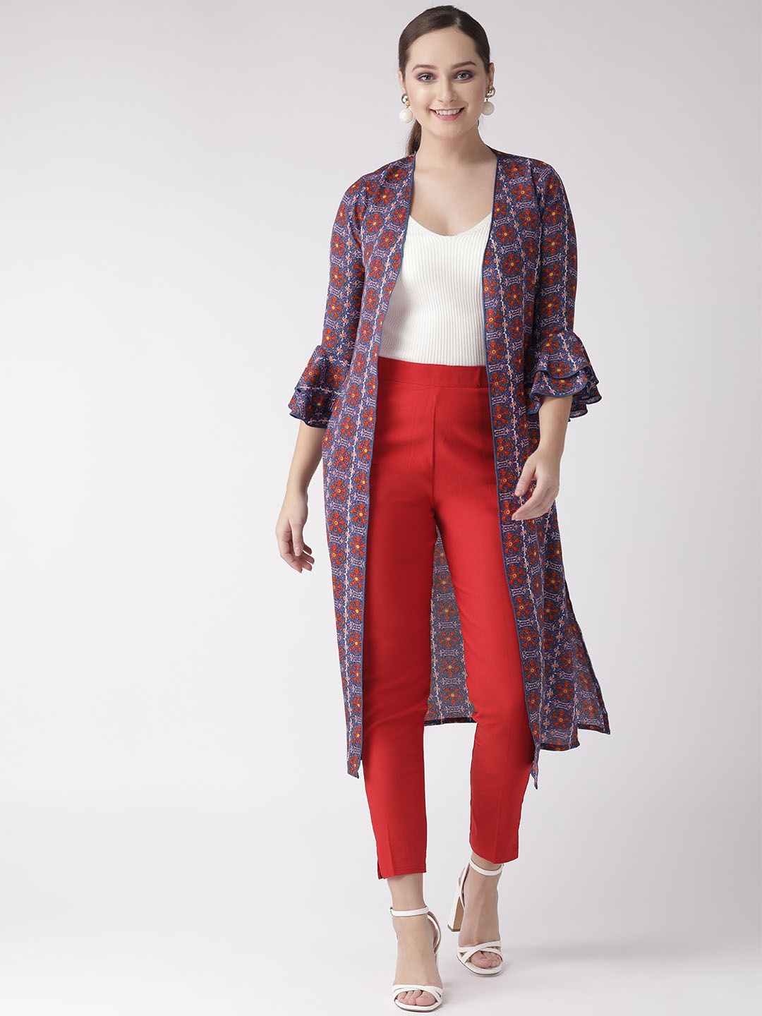 

WISSTLER Women Blue & Red Printed Longline Open Front Shrug