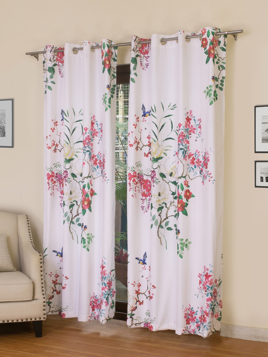 

ROSARA HOME White & Pink Floral Print Set of 2 Long Door Curtains