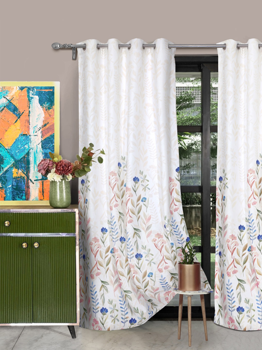 ROSARA HOME Off-White & Blue Printed Set of 2 Long Door Curtains