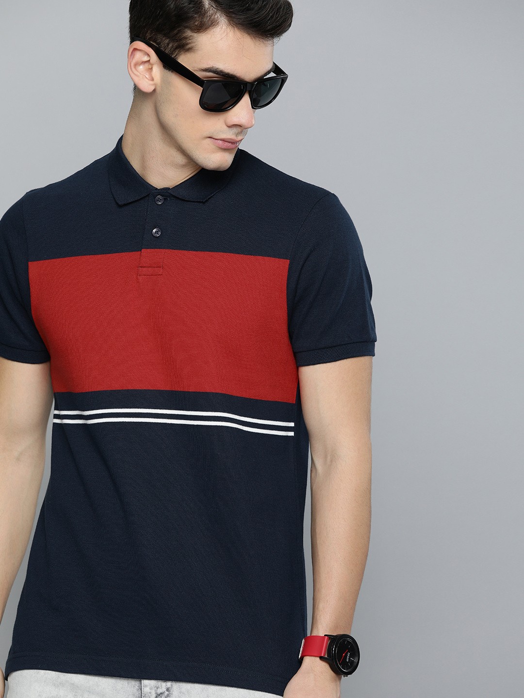 

Harvard Men Navy Blue & Red Colourblocked Polo Collar T-shirt