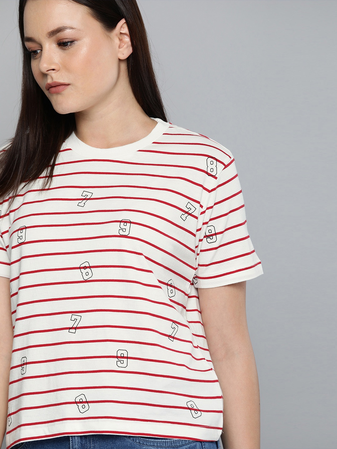 

Harvard Women White & Red Striped Round Neck T-shirt