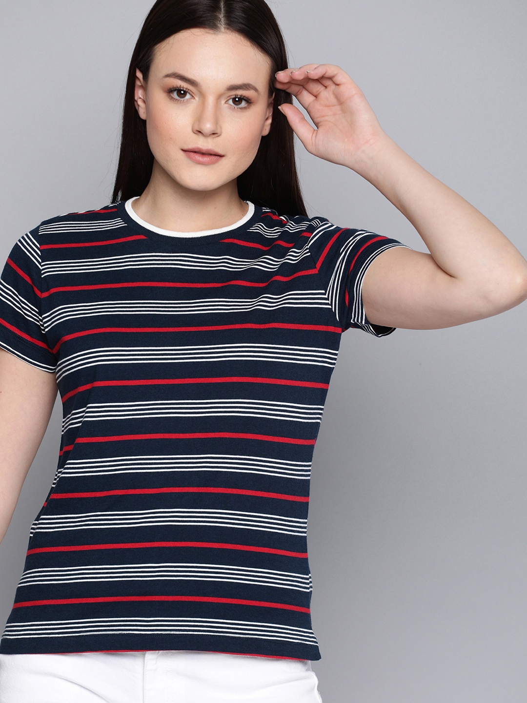 

Harvard Women Navy Blue & White Striped Round Neck T-shirt