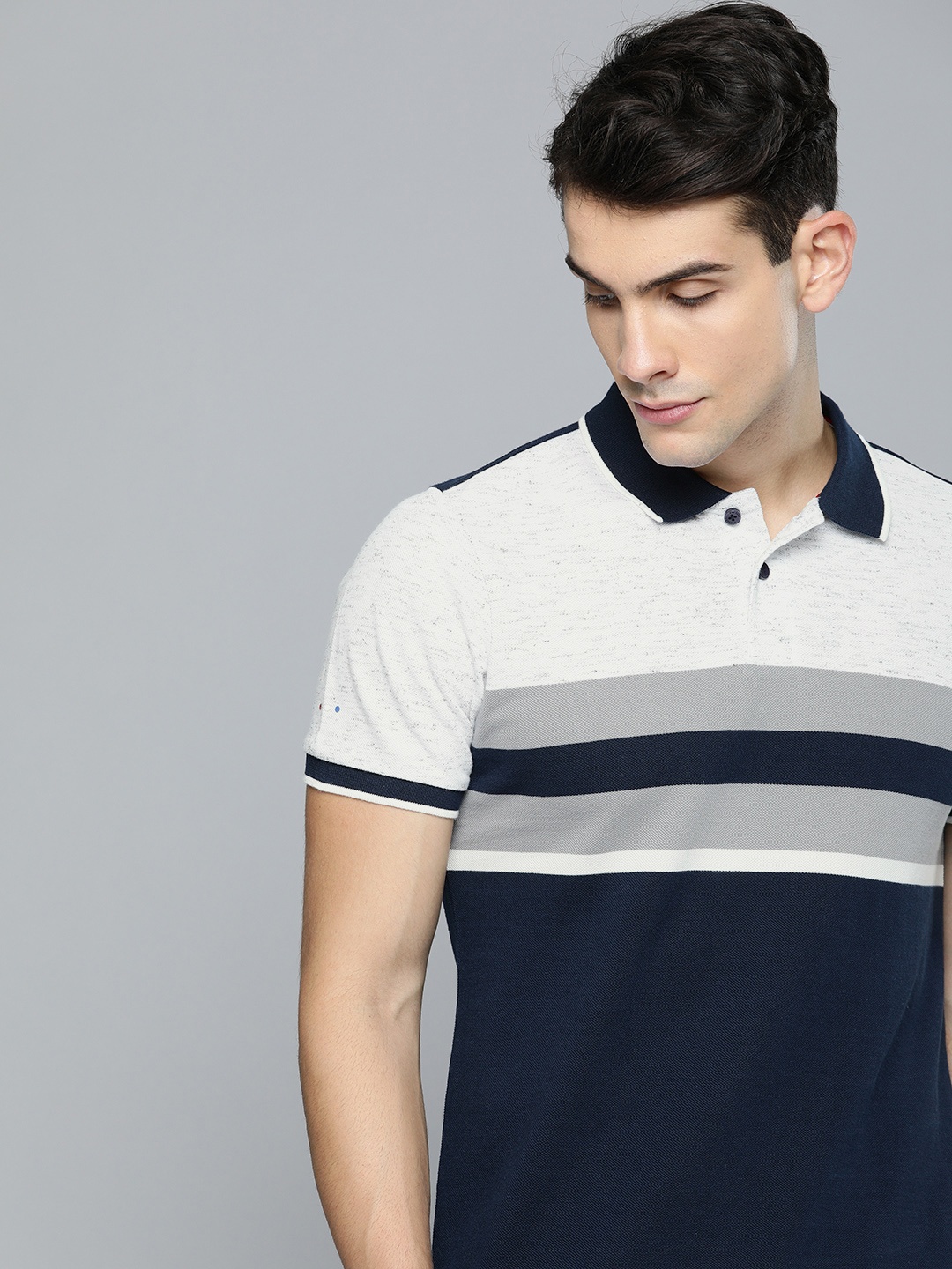 

Harvard Men Navy Blue & Grey Striped Polo Collar T-shirt