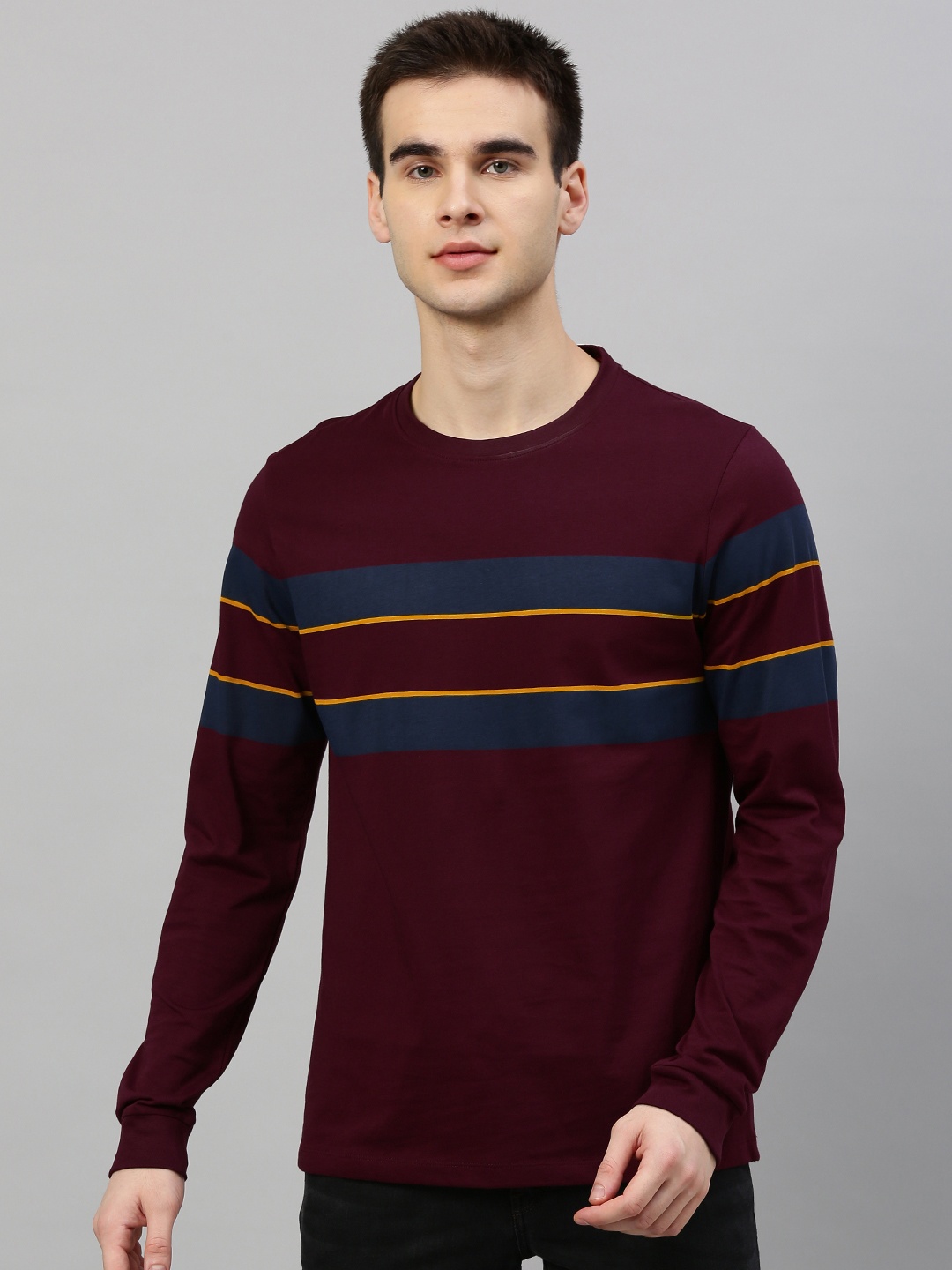 

Harvard Men Brown Charcoal Grey Striped Round Neck Pure Cotton T-shirt