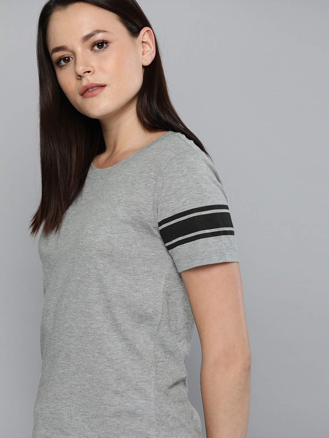 

Harvard Women Grey Melange Solid Round Neck Sleeve Stripe T-shirt