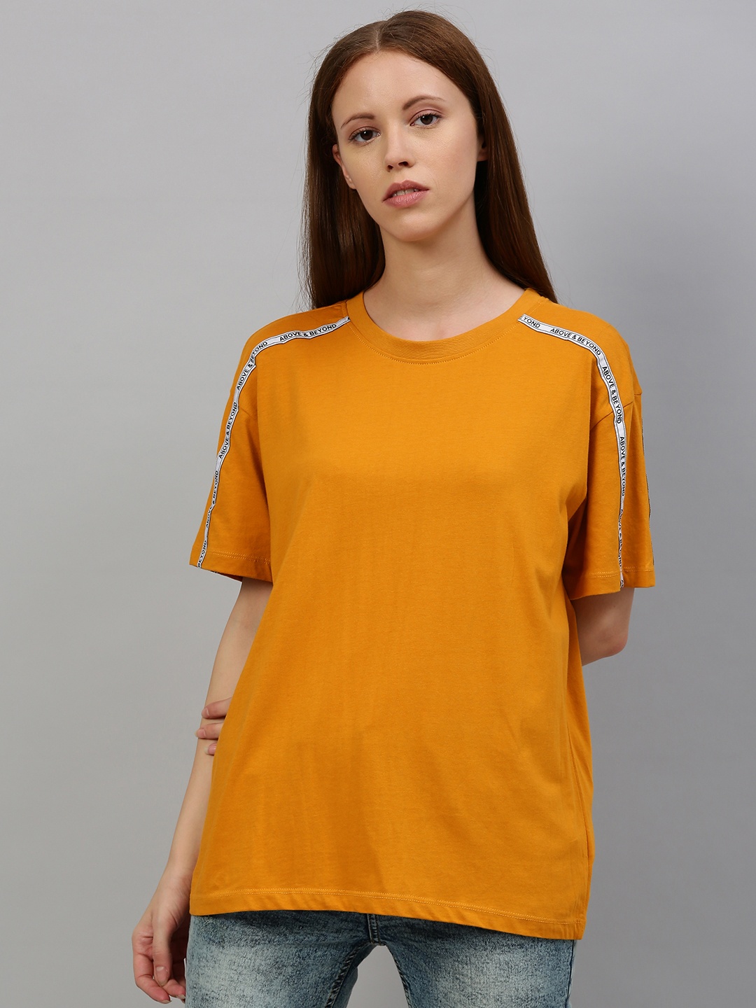 

Harvard Women Mustard Yellow Solid Round Neck T-shirt with Taping Detail