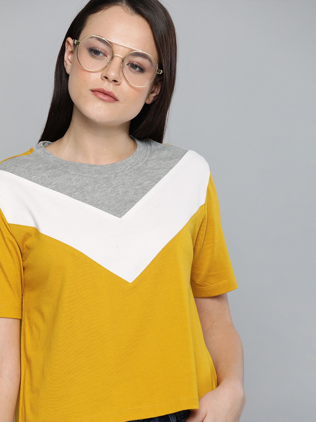 

Harvard Women Mustard Yellow & White Colourblocked Round Neck T-shirt