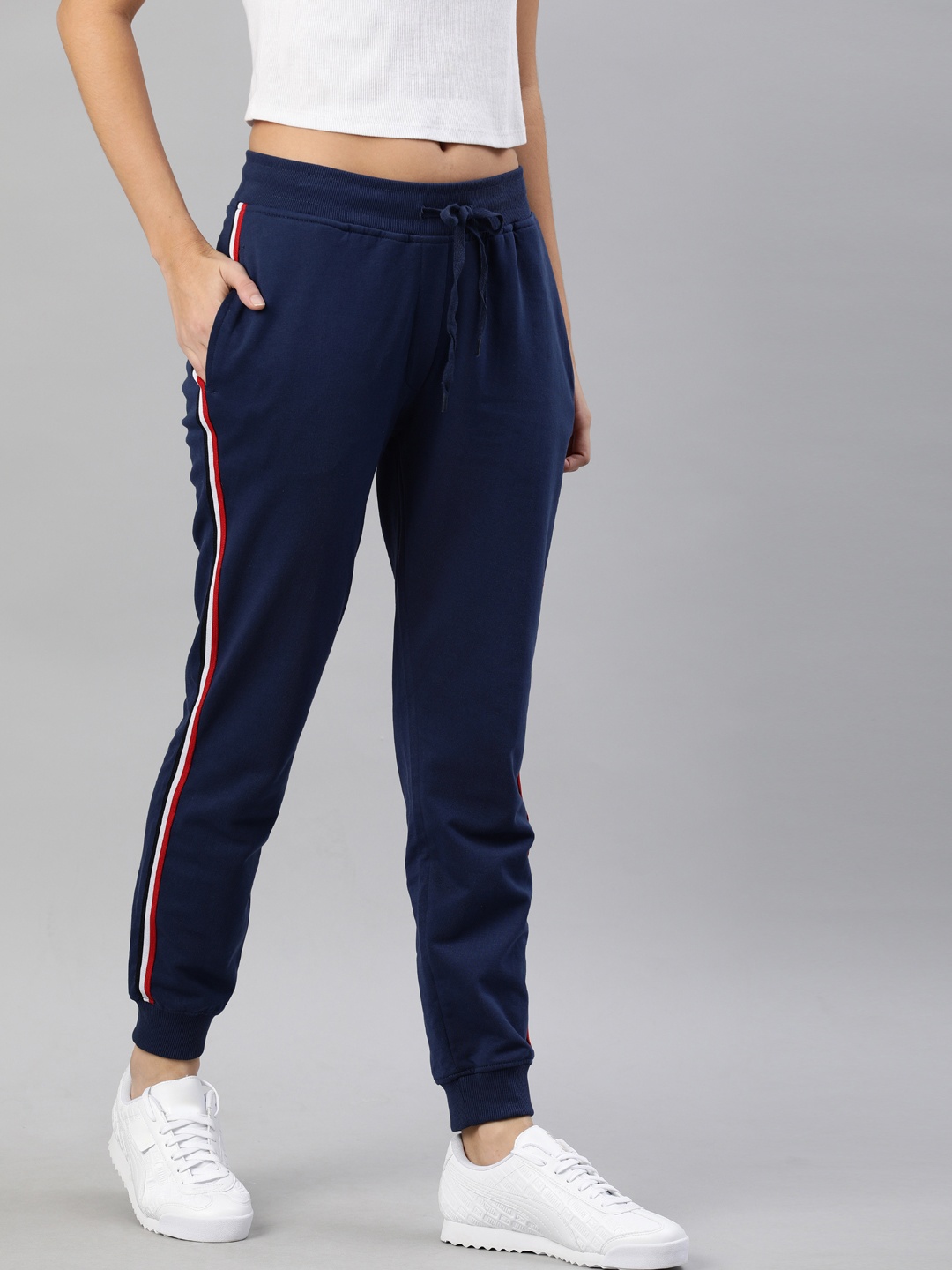 

Harvard Women Navy Blue Solid Joggers with Side Taping Detail
