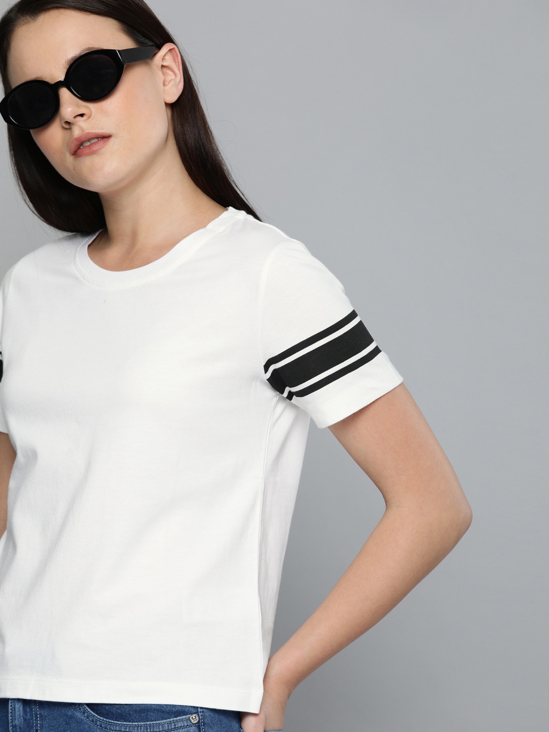 

Harvard Women White Solid Round Neck Sleeve Stripe T-shirt