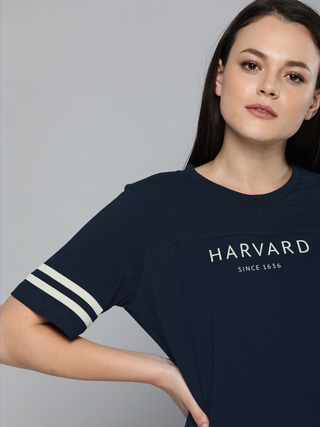 

Harvard Women Navy Blue Printed Sleeve Stripe T-shirt