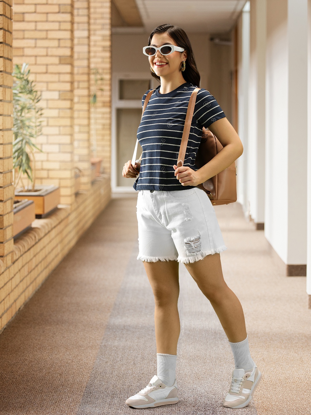 

Harvard Women Navy Blue & Grey Melange Striped Round Neck T-shirt