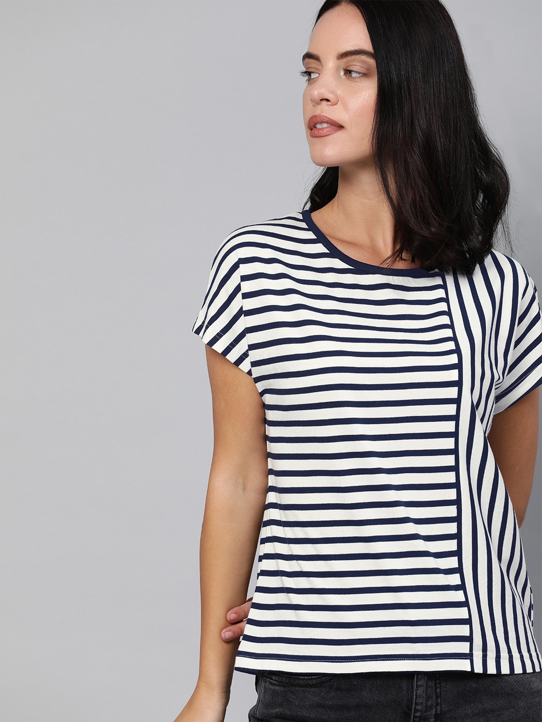 

Harvard Women White & Navy Blue Striped Round Neck T-shirt