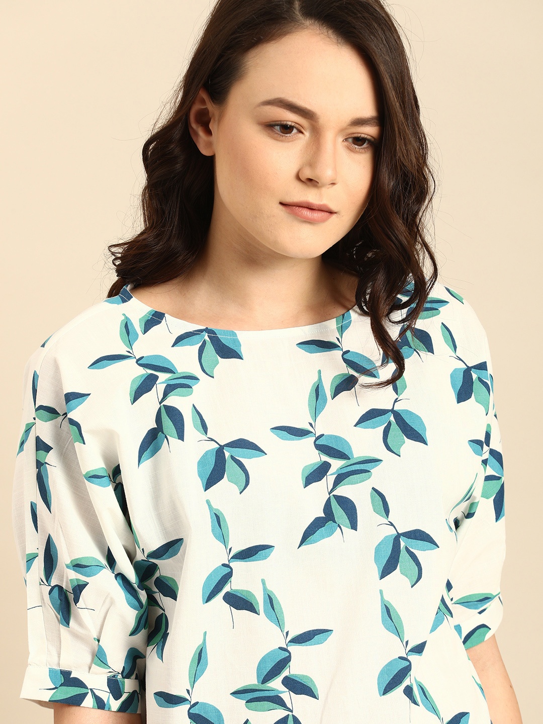 

ether Women White & Blue Printed Sustainable Top