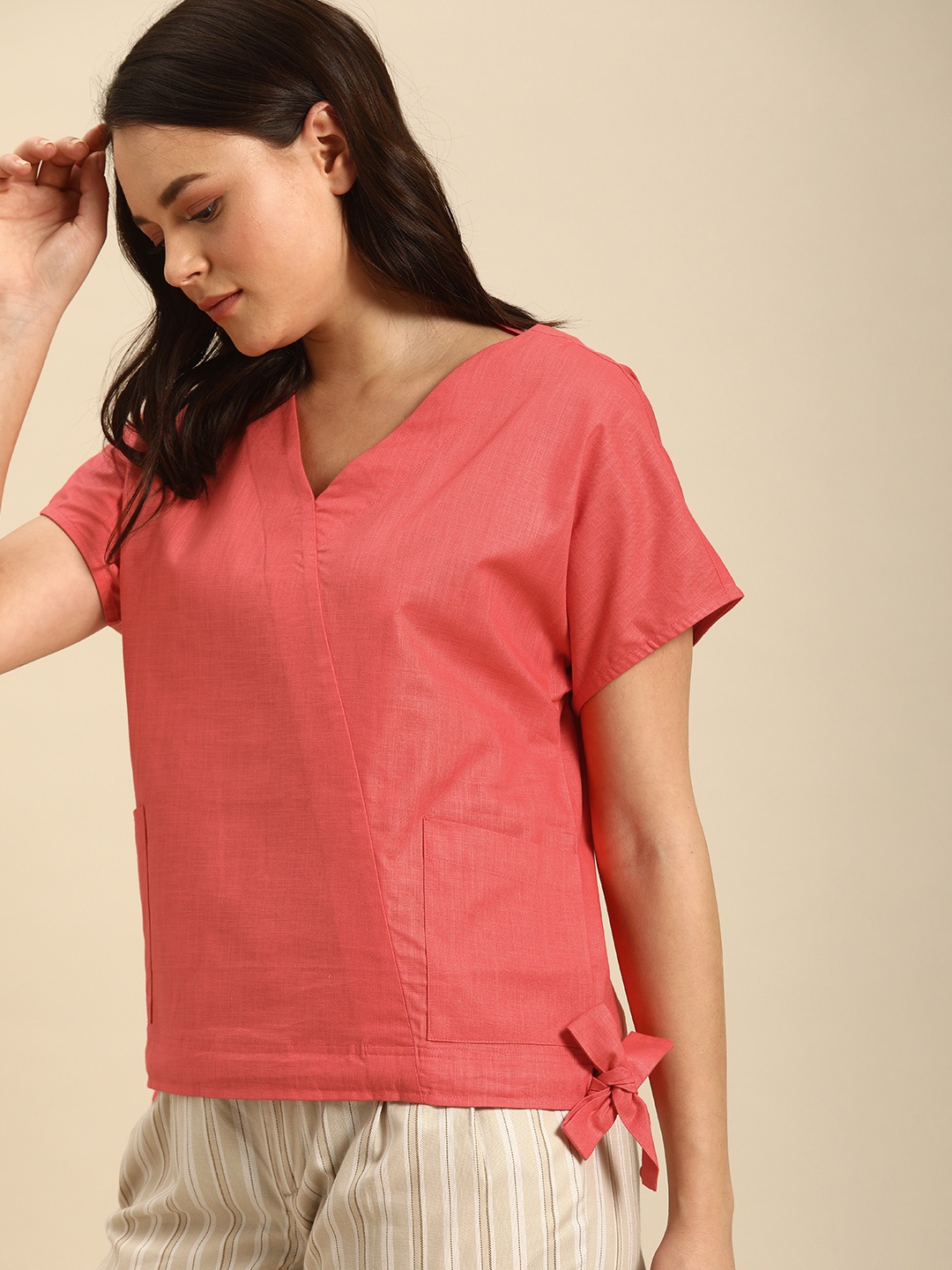 

ether Women Coral Solid Pure Cotton Top with Waist Tie-Ups