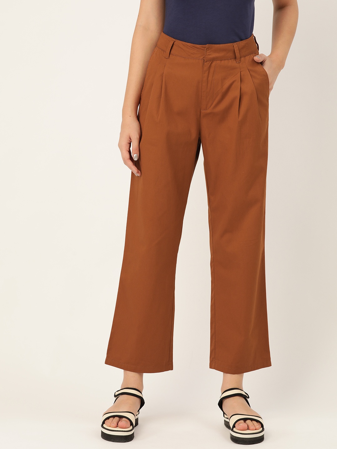 

ether Women Rust Brown Solid Flared Fit Regular Trousers