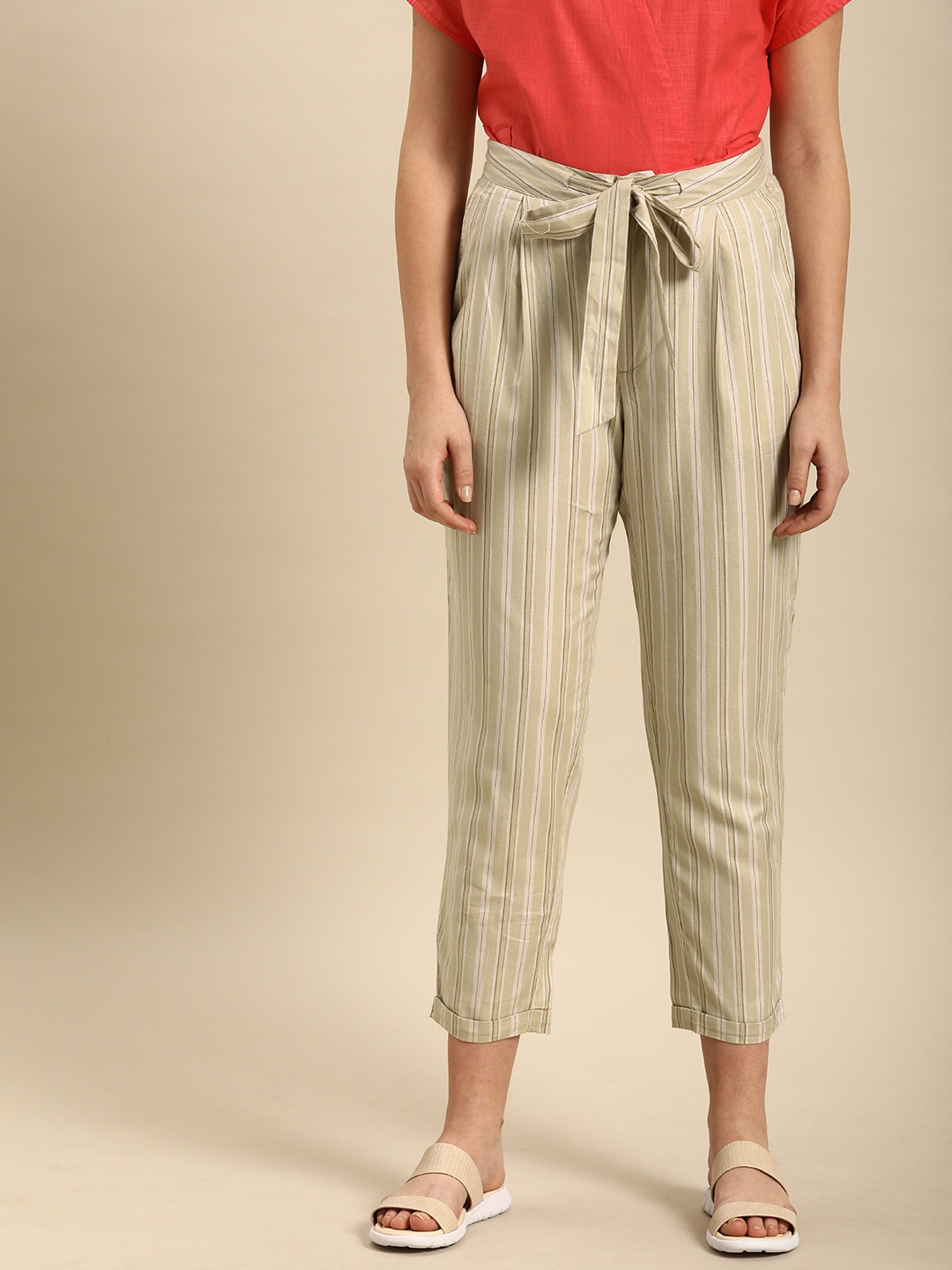 

ether Women Beige & Off-White Striped Ankle Length Trousers