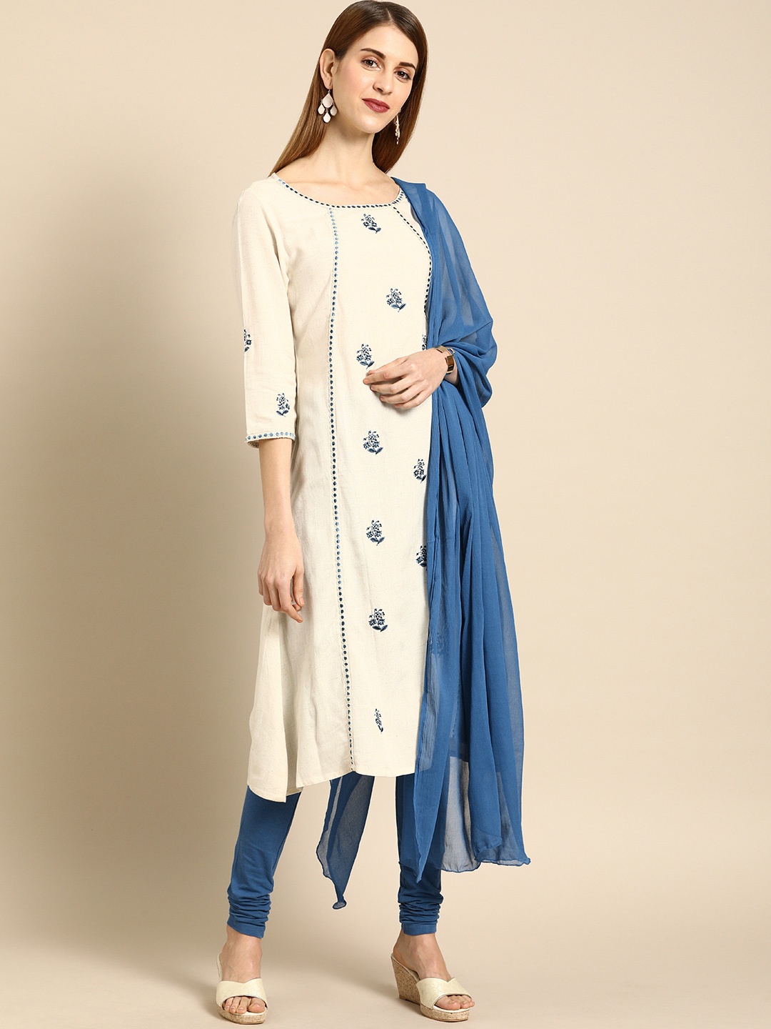 

IMARA Women Off-White & Navy Blue Embroidered Kurta with Churidar & Dupatta