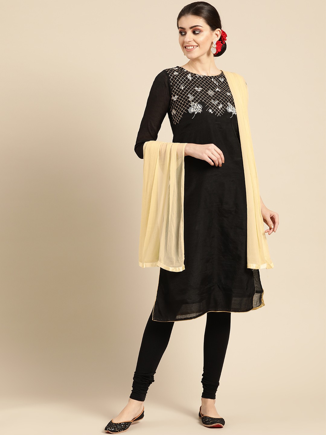 

IMARA Women Black & Cream-Coloured Yoke Design Kurta with Churidar & Dupatta